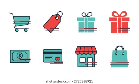 Esta imagem apresenta uma coleção de ícones de compras e comércio. As ilustrações mostram um carrinho de compras, uma etiqueta de preço, caixas de presente, dinheiro, um cartão de crédito, uma frente de loja e uma sacola de compras. O estilo é plano, com contornos em negrito e uma paleta de cores azul-petróleo, vermelho e branco. Estes elementos podem ser adequados a várias utilizações comerciais ou editoriais.