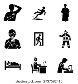 This image features a collection of silhouettes depicting various everyday life situations, including a person checking their temperature, another falling, and a firefighter responding to an emergency. The silhouettes showcase people engaging in daily activities such as working on a computer, resting in bed, and exiting through a door. The image highlights the importance of health, safety, and risk management in our daily lives, with a focus on prevention, treatment, and recovery from illness and injury.