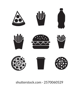 This image features a collection of simple, black and white icons representing various fast food items.