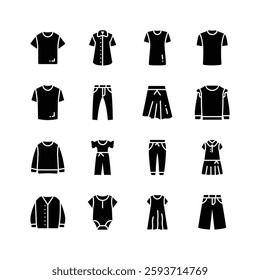 This image features a collection of simple icons representing various clothing items for men, women, and children.