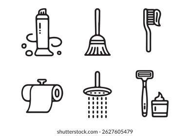 This image features a collection of simple, black line icons depicting everyday hygiene items.