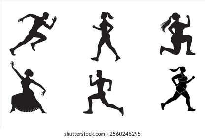 This image features a collection of six black silhouettes depicting individuals engaged in various physical activities. The top row includes a person running, a dancer in a graceful pose, 