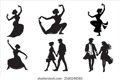 This image features a collection of six elegant silhouettes, showcasing three dancers in traditional dance poses and three couples walking hand in hand. The dancers are depicted 