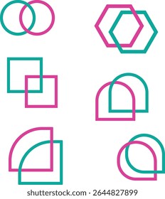 This image features a collection of six unique geometric shapes, each composed of overlapping teal and pink lines. The shapes are isolated on a white background, making them ideal