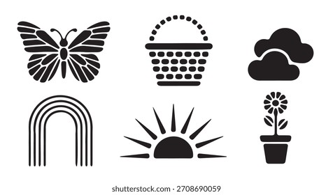 Esta Imagen presenta una colección de seis íconos simples en blanco y negro que representan los Elementos de la naturaleza.