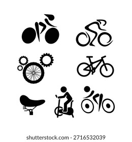 Esta Imagen presenta una colección de seis íconos en blanco y negro que representan varios aspectos del ciclismo y las bicicletas. Los iconos incluyen dos figuras estilizadas de ciclistas en acción, un gráfico de una rueda de bicicleta con engranajes, una silueta de bicicleta clásica, un asiento de bicicleta y una figura montando una bicicleta estacionaria o una scooter. El diseño minimalista y el esquema de colores en blanco y negro hacen que estos íconos sean versátiles para su uso en varios proyectos de Diseño gráfico relacionados con deportes, fitness, transporte o actividades al aire libre.
