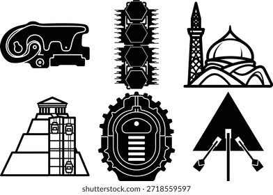 This image features a collection of six distinct symbols representing various historical and architectural elements. From left to right, the symbols include an ancient artifact, a series of gears, a mosque, a pyramid, a clock tower, and an arrow pointing upwards. Each symbol represents a different aspect of human history and architecture.