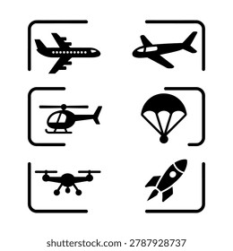 This image features a collection of six transportation icons in silhouette mode, including an airplane, helicopter, parachute, drone, and rocket, all set against a clean white background. The icons are designed to be simple, yet recognizable, making them perfect for use in a variety of applications, from graphic design to web development. The silhouette style gives the icons a sleek, modern look that will add a touch of sophistication to any project. The icons can be used to represent different modes of transportation, making it easy to convey complex ideas in a visually appealing way.