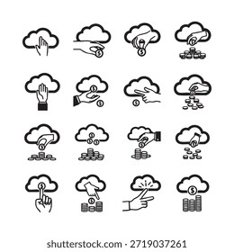 Esta imagem apresenta uma coleção de dezesseis ícones que representam vários aspectos da computação em nuvem e do gerenciamento de dados. Cada ícone ilustra diferentes ações, como acessar dados, armazenar informações, gerenciar finanças e interagir com serviços em nuvem. Os ícones são projetados com linhas simples e claras e símbolos para transmitir seus respectivos conceitos de forma eficaz.