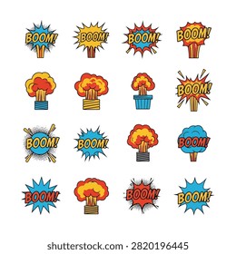 This image features a collection of sixteen unique comic book style explosion icons arranged in a grid. Each icon incorporates the word BOOM! in bold, stylized lettering set against various dynamic backgrounds like starbursts, speech bubbles, and mushroom clouds. The design uses a vibrant pop art color palette of yellow, red, and blue, often accented with halftone dots and thick black outlines for a classic retro feel.