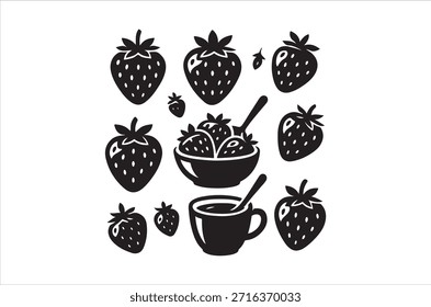 This image features a collection of strawberries, a bowl filled with fruit, and a mug, all in black and white.