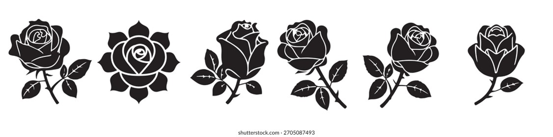 This image features a collection of stylized rose silhouettes in a clean, black and white design.