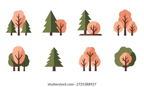 This image features a collection of stylized tree illustrations. The graphic elements exhibit flat design with earthy tones and solid colors. These illustrations could be applied to various projects, including websites, print materials, and other design-related commercial or editorial applications.