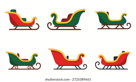 Esta Imagen presenta una colección de ilustraciones estilizadas de trineo en rojo y verde, con acentos dorados. Cada trineo se representa en un estilo de diseño plano, sobre un fondo liso. Estas ilustraciones pueden ser adecuadas para varios proyectos de diseño, incluyendo tarjetas de vacaciones y materiales de marketing.