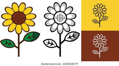 This image features a collection of sunflower vector icons displayed in various styles and color schemes. The layout is divided into four sections