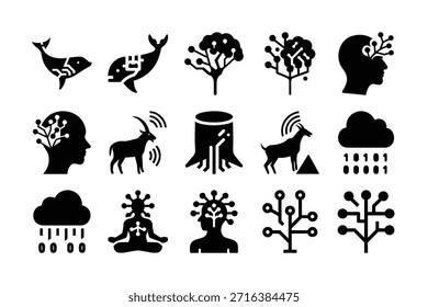 This image features a collection of symbolic representations that combine elements of nature with abstract concepts. Each symbol is depicted in black and white, emphasizing the interplay between natural forms and human thought. The symbols include animals, trees, and clouds, each integrated with technology or thought-related elements such as Wi-Fi signals, heads, and brains. The overall theme suggests a harmony between the natural world and modern technology, as well as the intersection of nature and intellectual processes.