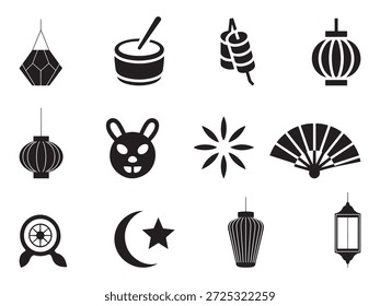 Esta Imagen presenta una colección de íconos simbólicos, cada uno representando diferentes Elementos culturales o tradicionales. Los iconos incluyen varios tipos de linternas, abanicos, un conejo, una estrella y una luna creciente. Estos símbolos se utilizan a menudo en celebraciones, festivales y prácticas culturales.