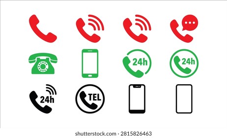 This image features a collection of telephone handset icons, a vintage desk phone, and smartphone outlines, presented as flat vector illustrations on