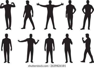 This image features a collection of ten men in different poses, presented as a black silhouette on a white background. The silhouette style emphasizes the shapes and outlines of the figures.