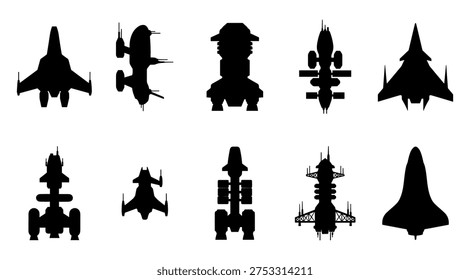 This image features a collection of ten military aircraft silhouettes, including fighter jets and bombers, displayed in black against a clean white background, ideal for use in presentations, reports, or designs related to aviation, military, or defense themes.