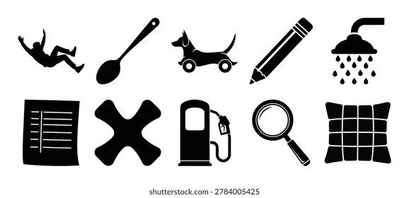 This image features a collection of ten distinct object silhouettes against a white background. The silhouettes include a falling person, spoon, dog, pencil, showerhead, list, cross, gas pump, magnifying glass, and cushion.