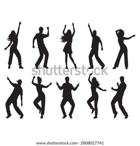 This image features a collection of ten dancing people depicted as black silhouettes, showcasing various poses and movements. The vector illustration style and transparent background make it a