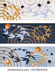 This image features a collection of three horizontal banners each showcasing a unique and abstract design