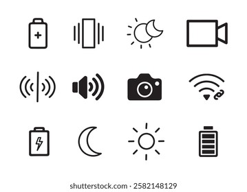 This image features a collection of twelve simple, black and white icons representing various technology functions