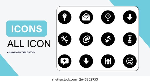 This image features a collection of twelve distinct black and white icons, each representing a different function or action, arranged in a grid.
