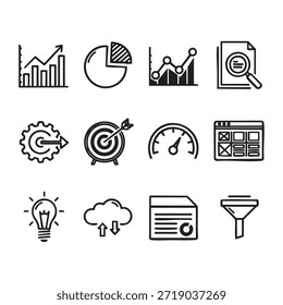 Esta imagem apresenta uma coleção de doze ícones representando vários conceitos de negócios e tecnologia. Os ícones incluem gráficos, gráficos, alvos, engrenagens e outros símbolos comumente usados em contextos profissionais e digitais.