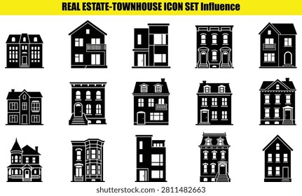 This image features a collection of two-dimensional townhouse representations each displaying unique architectural details. The facades are presented as planar forms arranged against a light-colored surface showcasing diverse building styles.
