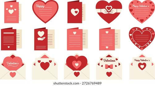Esta imagem mostra uma coleção de cartões de Dia dos Namorados e envelopes adornados com corações em um fundo preto. A variedade inclui vários desenhos e estilos de cartões e envelopes, todos apresentando motivos cardíacos em tons de vermelho, rosa e branco. A imagem é ideal para uso em materiais com tema do Dia dos Namorados, como anúncios, posts em mídias sociais ou cartões de felicitações.