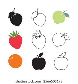 This image features a collection of various fruits – apples, oranges, strawberries, and quinces – presented in three distinct styles: solid color fill, outline, and a light-filled color.