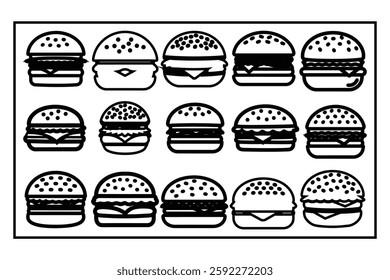 This image features a collection of various burger designs in a simple, black and white line art style.