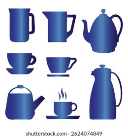 This image features a collection of various tea and coffee-making utensils, depicted as simple, stylized silhouettes in a deep, gradient blue.