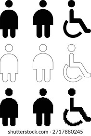 Dieses Bild zeigt eine Sammlung verschiedener einfacher grafischer Darstellungen von Personen und Symbolen, die mit Behinderungen in zusammenhängender Weise dargestellt werden. Es gibt männliche und weibliche Standardfiguren, die sowohl in ausgefüllten als auch in umrissenen Formaten neben Symbolen für Rollstuhlfahrer dargestellt werden. Die Figuren sind mit klaren Linien und minimalistischen Merkmalen entworfen, die eine moderne Ästhetik schaffen. Jede Darstellung ist unterschiedlich und zeigt verschiedene Stile, einschließlich solider schwarzer Silhouetten-Umrisse und pixelierter Versionen, die Retro oder Digital symbolisieren könnten Designelemente Alle Illustrationen sind einzeln auf transparentem Hintergrund, sodass sie für verschiedene grafische Designanwendungen vielseitig sind Diese Sammlung von Symbolen kann effektiv verwendet werden, um Inklusivität und Zugänglichkeit in öffentlichen Räumen zu fördern Websites und Informationsmaterial Die sauberen und klaren Linien der Zahlen stellen sicher, dass sie leicht erkennbar sind, indem wichtige Botschaften über die Darstellung vermittelt werden. Die Designs können verschiedenen Zwecken dienen, wie Beschilderung, digitale Medien oder Bildungsressourcen, die die die Bedeutung der Unterstützung von Menschen mit Behinderungen hervorheben