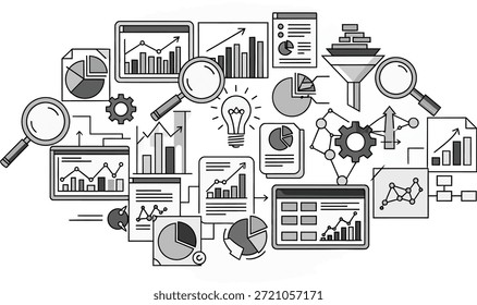 This image features a collection of various data analysis and business visualization icons including charts, graphs, dashboards, and analytical tools, representing insights, metrics, and performance