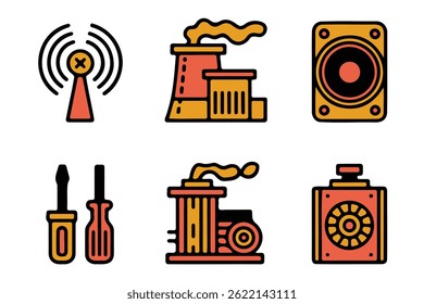 This image features a collection of vector icons depicting various industrial and technology-related items.