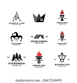 Dieses Bild zeigt eine Sammlung von Vintage- und Premium-Business-Logo-Designs für Kirchen, Immobilien, Unterhaltung, Sport und Bauwesen.