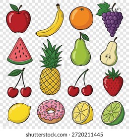 This image features a colorful assortment of fresh fruits, including an apple, banana, orange, grape, watermelon, pineapple, pear, cherry, strawberry, lemon, and doughnut. Each fruit is depicted in a vibrant and detailed manner, showcasing their natural colors and textures. The fruits are arranged in a grid pattern, making for a visually appealing and organized display.