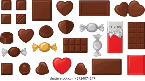 Esta Imagen presenta una colorida variedad de chocolates y caramelos dispuestos sobre un fondo blanco limpio. La colección incluye varios tipos de barras de chocolate, corazones, dulces envueltos y otros dulces. Los chocolates vienen en diferentes Formas, tamaños y colores, algunos con envoltura de papel de oro y plata. Una caja de chocolate de lujo también se muestra prominentemente. Esta Imagen es perfecta para su uso en publicidad, embalaje o contenido editorial relacionado con postres, dulces y confitería.