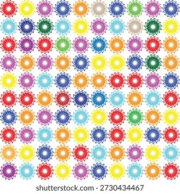 Dieses Bild zeigt ein buntes und fröhliches Muster mehrfarbiger Gänseblümchen, die in einem Raster angeordnet sind. Jede Blume ist mit hellen Farbtönen, einschließlich rotem Orange, Gelbgrün, Blau und Lila, unterscheidbar. Die Blumen sind gleichmäßig voneinander beabstandet und schaffen eine harmonische und ausgewogene Zusammensetzung. Der Hintergrund ist transparent und eignet sich für verschiedene Designanwendungen. Das Gesamtdesign ist perfekt, um jedem Projekt einen Hauch von Natur und Lebendigkeit hinzuzufügen