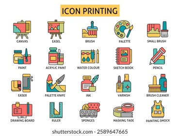 This image features a colorful collection of artistic printing equipment icons. It includes tools such as brushes, palettes, canvas, paints, sketchbooks, rulers, and sponges