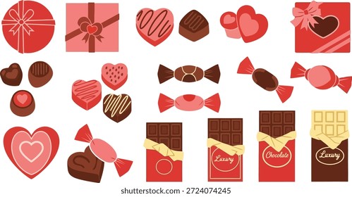 Esta imagem mostra uma coleção colorida de doces e chocolates do Dia dos Namorados em várias formas, incluindo corações, e embalados em embalagens vermelhas e rosas. A variedade inclui chocolates embrulhados e não embrulhados, caixas de presente e guloseimas em forma de coração, todas colocadas contra um fundo branco limpo.