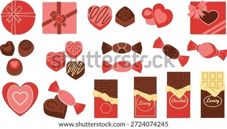 This image features a colorful collection of Valentine's Day candies and chocolates in various shapes, including hearts, and packaged in red and pink wrappers. The assortment includes wrapped and unwrapped chocolates, gift boxes, and heart-shaped treats, all set against a clean white background.