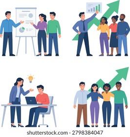 This image features a colorful and dynamic illustration of business professionals engaged in various activities such as presenting ideas, working on a laptop, and collaborating with each other, set ag