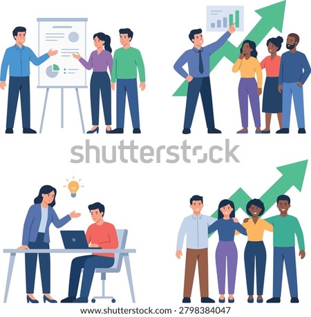This image features a colorful and dynamic illustration of business professionals engaged in various activities such as presenting ideas, working on a laptop, and collaborating with each other, set ag