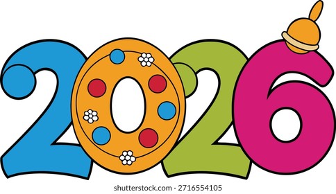 This image features a colorful and festive representation of the year 2026. The digits are creatively designed with vibrant colors and adorned with various decorative elements. The '0' in '2026' is particularly notable, featuring a donut with sprinkles and a candle on top, symbolizing a celebration or birthday. The overall design conveys a joyful and festive atmosphere, likely related to upcoming events or milestones in the year 2026.