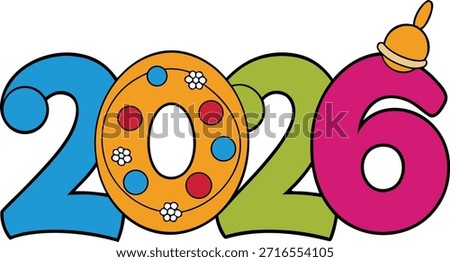 This image features a colorful and festive representation of the year 2026. The digits are creatively designed with vibrant colors and adorned with various decorative elements. The '0' in '2026' is particularly notable, featuring a donut with sprinkles and a candle on top, symbolizing a celebration or birthday. The overall design conveys a joyful and festive atmosphere, likely related to upcoming events or milestones in the year 2026.