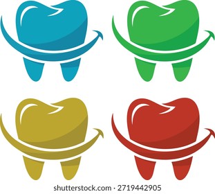 This image features a colorful illustration of four tooth logos in different vibrant colors, set against a clean white background. The logos are designed to represent dental health and hygiene, making it a great visual for medical or healthcare-related projects.